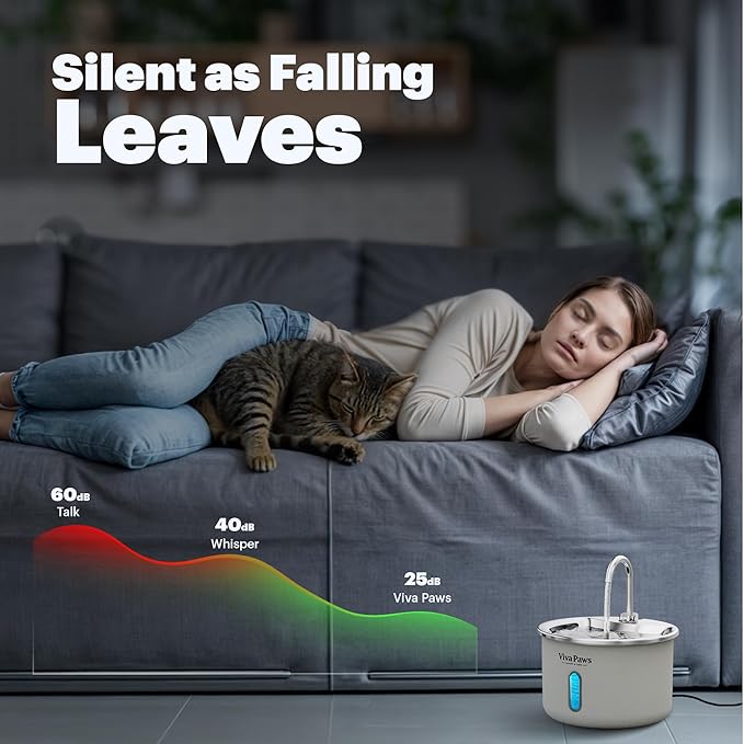 Viva Paws Cat Water Fountain Stainless Steel – Ultra-Quiet Automatic Drinking Fountain for Cats, 2.2L Indoor Pet Fountain with 4-Stage Filtration for Fresh & Clean Water