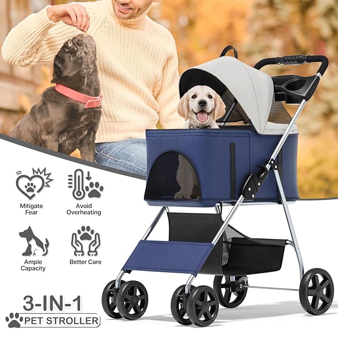 MoNiBloom 3 in 1 Foldable Pet Stroller for Small & Medium Dogs, Detachable Carrier, Car Seat, Push Button Entry, 4-Wheel Jogger for Pets up to 33 lbs, Navy Blue