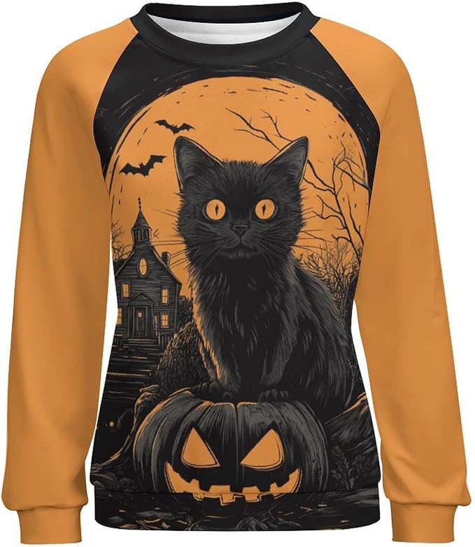 Halloween Sweatshirts for Women Black Cat Print Pullover Crewneck Oversized 2024 Fall Fashion Casual Warm Shirt