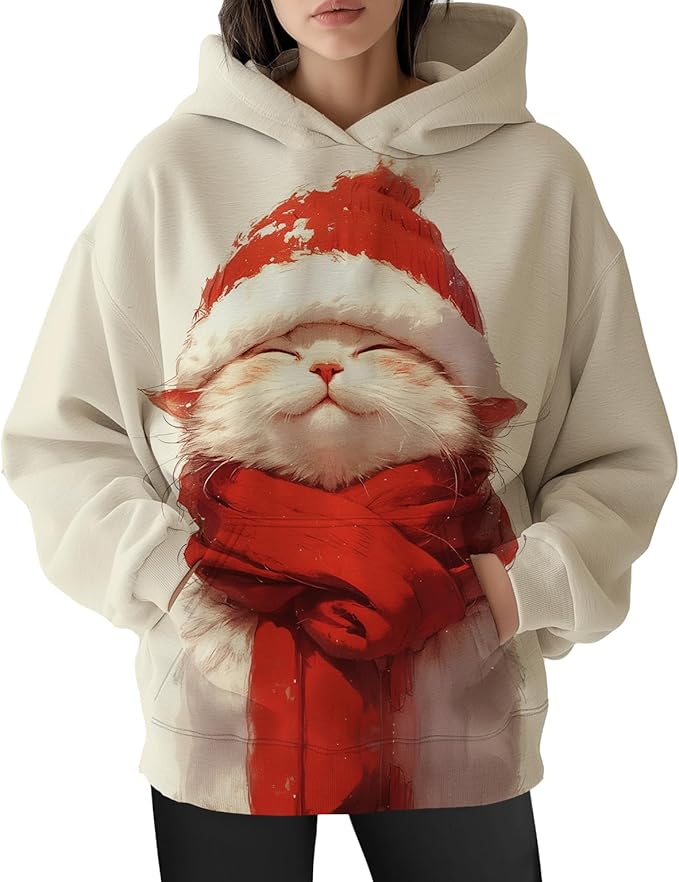Womens Funny Cat Hoodies Oversized Graphic Hooded Sweatshirt for Women Fall Plus Size Pullover Hoodie Y2K