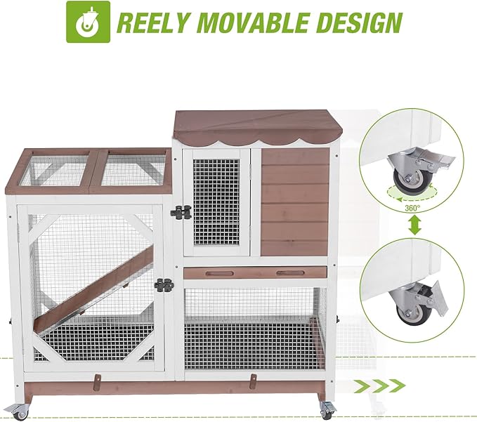 Gutinneen 2-Story Rabbit Hutch with Chew-Proof Ramp & Leak-Proof Trays - Indoor/Outdoor 39.3" Wooden Rabbit Cage with Wheels for Rabbits, Guinea Pigs