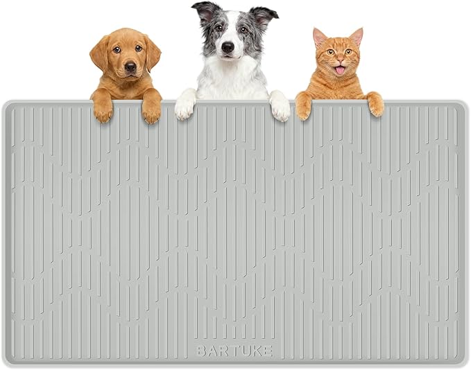 Silicone Cat & Dog Food Mat, 24" x 17" Large Pet Feeding Mat for Cats and Dogs Bowl, Pet Placemat for Food and Water with Raised Edge, Waterproof, Leakproof (Grey)