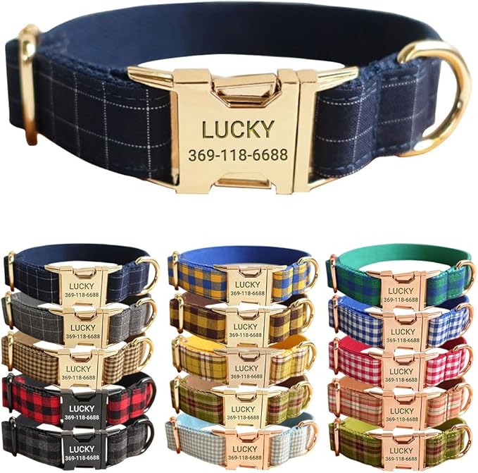 PETDURO Personalized Windowpane Plaid Dog Collar Blue - Engraved Name and Phone Number on Gold Metal Buckle - Custom for Small Medium Large Boy Girl Dogs - Add Leash Bow Tie via Customize Now