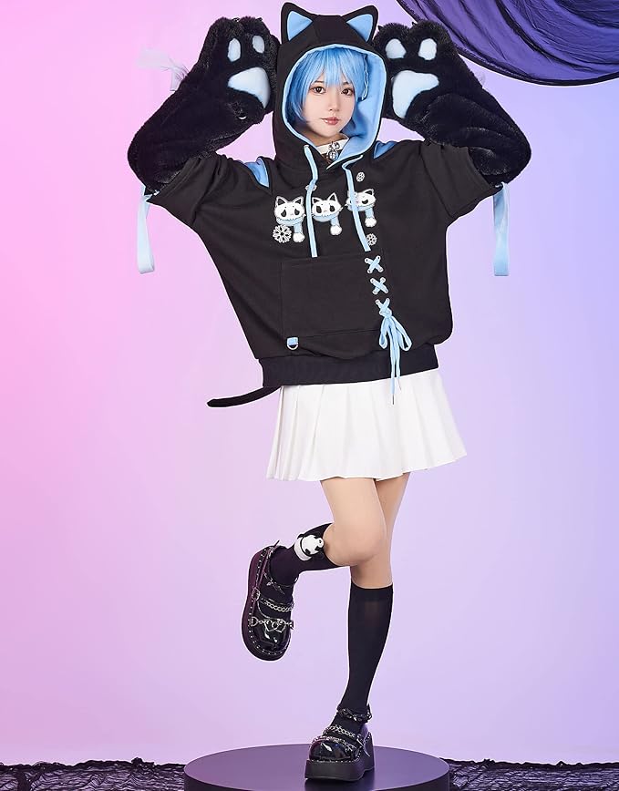 Micotaku Womens Pullover Hoodie with Detachable Bag Design Furry Cat Paw Gloves Skull Cat Pattern Sweatshirt