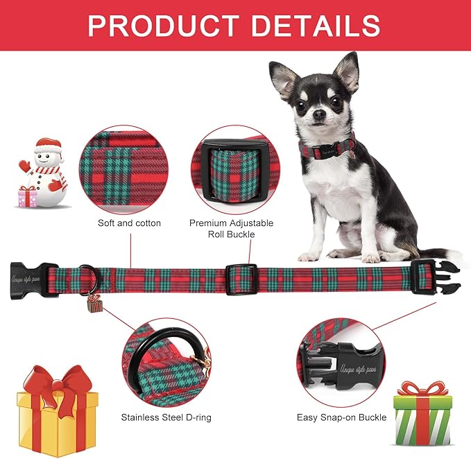 Unique Style Paws Christmas Dog Collar Plastic Buckle with Pendant Red Green Scottish Plaid Cotton Puppy Collars for Small Medium Large Dogs