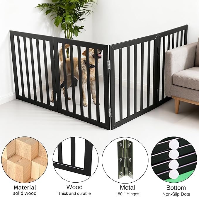ZJSF Freestanding Indoor Dog Gate for House Foldable Wood Black Puppy Gate for Doorways Pet Gate for Stairs Extra Wide Pet Fence 24" Height 4 Panels