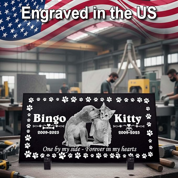 Personalized Dog Headstone Engraved in The US, Dog Tombstone for Indoor and Outdoor, Customized Pet Memorial Stone with Photo, Name and Date for Beloved Pet, Black Granite
