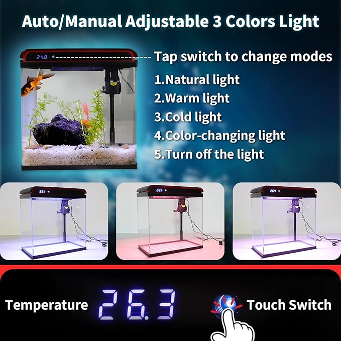 Betta Fish Tank, 10 Gallon Fish Tank Glass Small Aquarium Starter Kits Self Cleaning with 3 Types of LED Lights and Filter Water Pump, Ultra Quiet Decoration Kids Room Gift