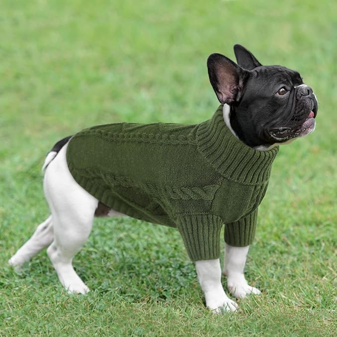 Queenmore Small Dog Pullover Sweater, Cold Weather Cable Knitwear, Classic Turtleneck Thick Warm Clothes for Chihuahua, Bulldog, Dachshund, Pug (Army Green, Medium)