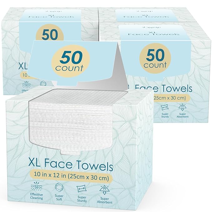 4 Pack of 50 count XL Disposable Face Towels 10” x 12”, 100% Viscose Fibre, Soft & Skin Friendly Face Towelettes Disposable, Facial Tissue Wipes for Women Cleansing