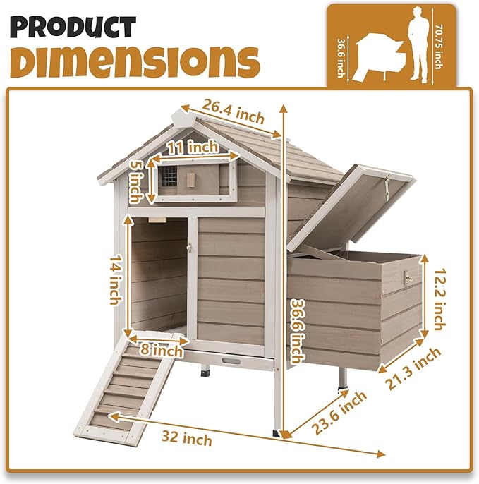 Chicken Coop Outdoor, Wooden Chicken House with 2 Nesting Boxs, Poultry Cage with Leak-Proof Pull-Out Tray, Lockable Ramp Door, Roosting Bars, Easy Assembly（32" L x 23.6" W x 36.6" H