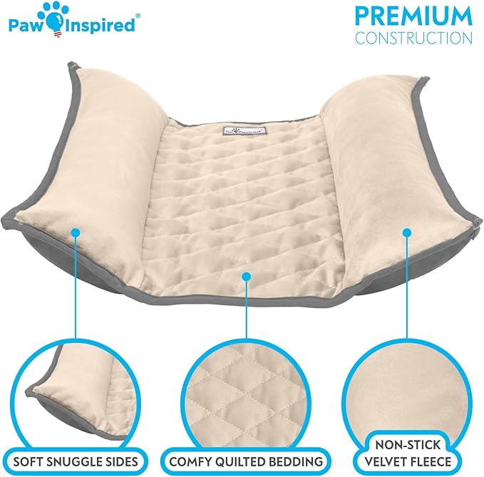 Paw Inspired Snuggle Bunny Bolster Bed for Rabbits, Cats, Dogs, Small Pets, 17x17-Inch Reversible Fleece Flop Bedding with Padded Sides (Gray/Beige)