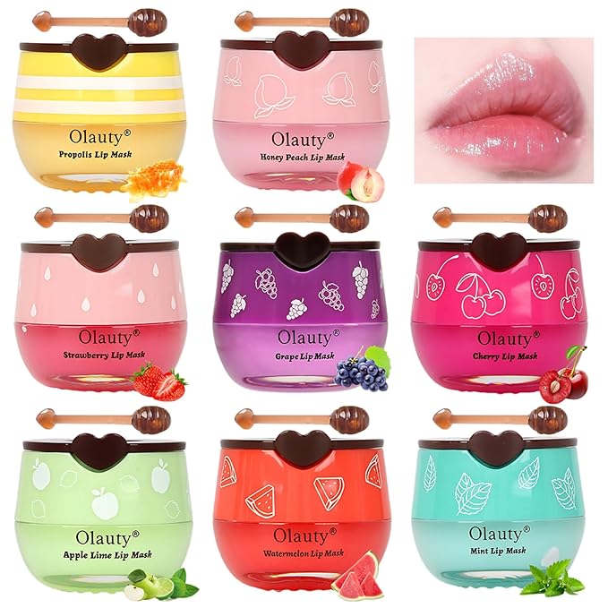 8Pcs Bee Lip Balm Honey Pot, Galentines & Valentines Day Gifts, Strawberry, Watermelon, Apple Lime, Cherry, Mint, Grapes, Peach, Honey Balm Bulk Gifts, Party Favors, Moisturizing Cracked Lip Care