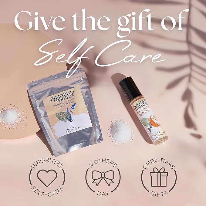 Nurture by Nature New Mom Self Care Gift Set with Body Scrub, Lavender Pillow Spray, Sleep Mask, Body Butter, Shower Gel & Bath Salts - Vegan Friendly - Stocking Stuffer, Baby Shower Gift Basket