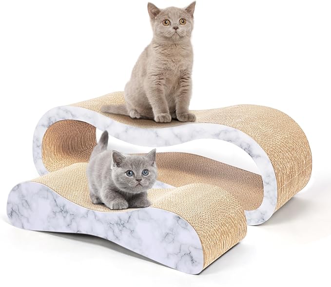 2 in 1 Cat Scratcher Cardboard Lounge Bed, Cat Scratching Post, Durable Board Pads Prevents Furniture Damage,Large,Marble White