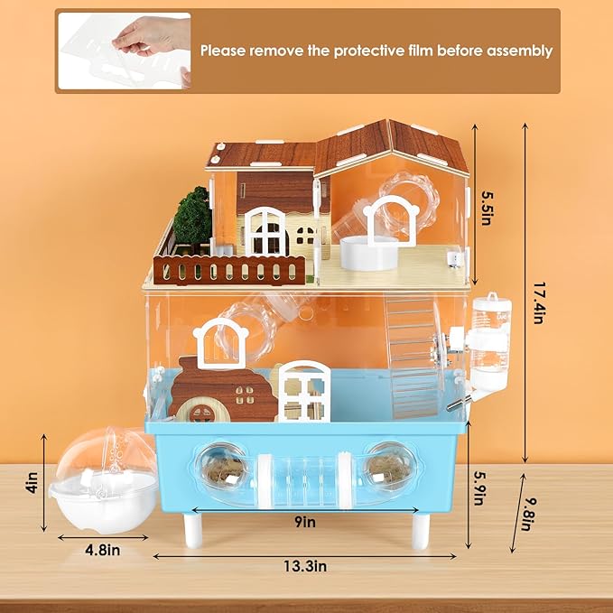 Large Hamster Cage 2 Tier Acrylic Hamster Habitat with Hideout & Running Wheel Blue Dwarf Hamster House for Dwarf Gerbils Syrian Hamsters, Blue, 13.3''L* 9.8''W* 17.4''H