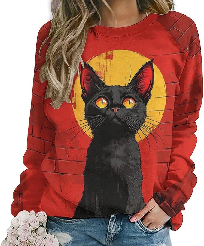 Halloween Sweatshirts for Women Black Cat Print Pullover Crewneck Oversized 2024 Fall Fashion Casual Warm Shirt