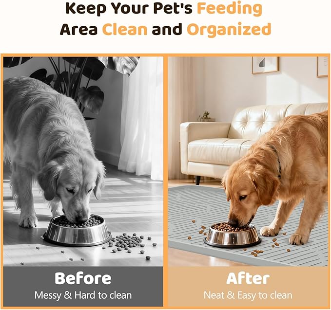 Silicone Cat & Dog Food Mat, 40"x 28" Extra Large Pet Feeding Mat for Cats and Dogs Bowl, Pet Placemat for Food and Water with Raised Edge, Waterproof, Leakproof (Grey)