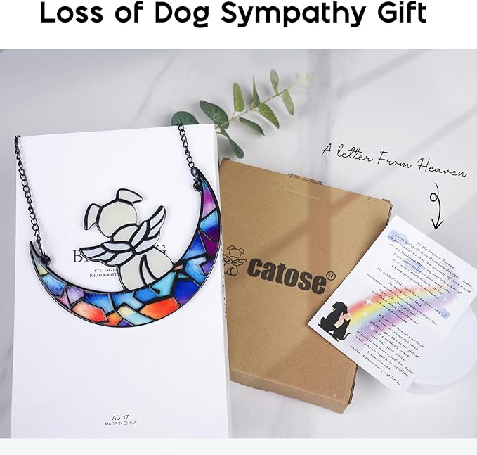 Stained Glass Angle Dog Memorial Suncatcher for Loss of Dog Sympathy Gifts, Dog Memorial Gifts with Sympathy Card, Dog Remembrance Gifts for Pet Lovers, Dog on Moon Ornaments for Window Hanging