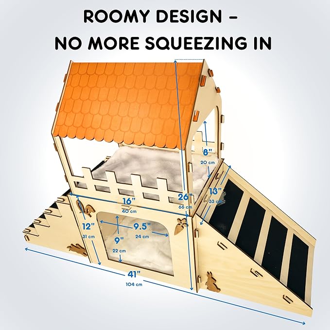 Extra Large Bunny Hideout, Cozy Rabbit Castle with Fleece Mats, Wooden Rabbit Hideout, Bunny House Indoor Indoor, Chinchilla, Guinea Pig House