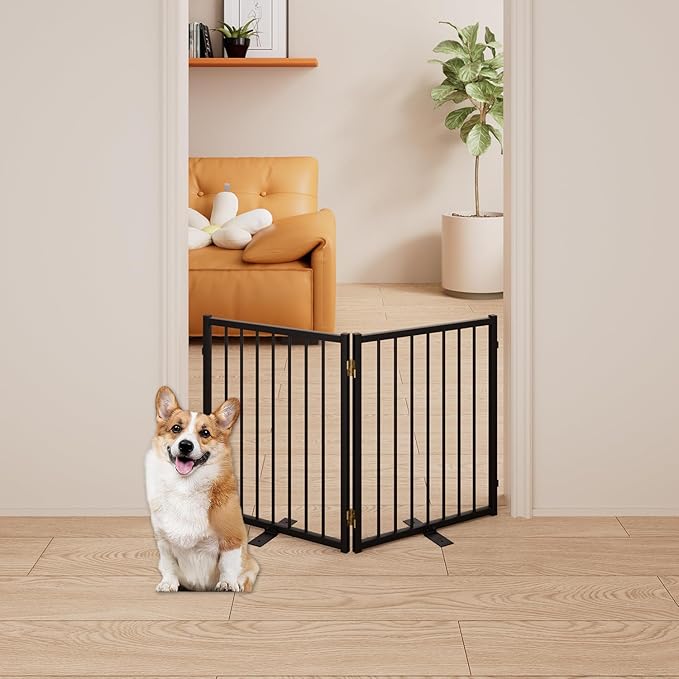 2 Panels Full Metal Freestanding Dog Gates, 40” W x 24” H Folding Pet Gate Fence with Support Feet for Indoor,Stairs, Hallways and Doorways(Black)