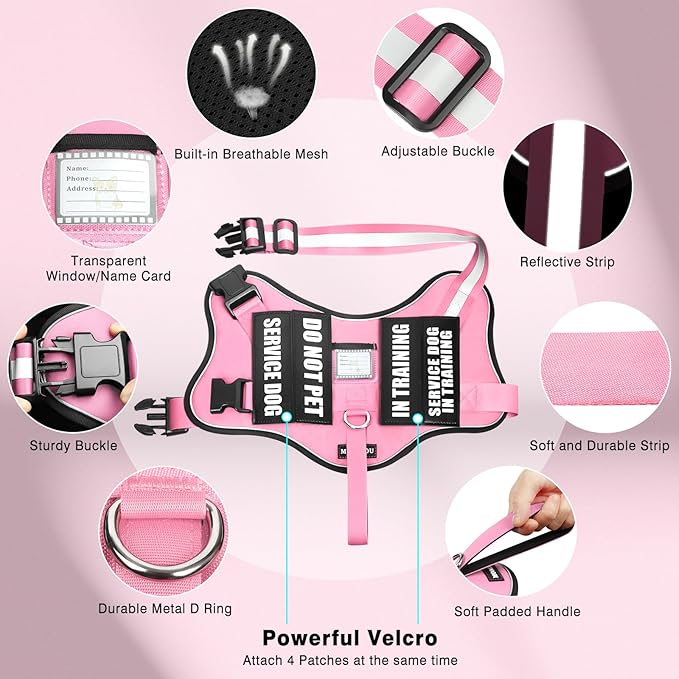 Service Dog Vest Harness and Leash Set+10 Patches,No Pull&Easy Walk Reflective Dog Harness with Soft Padded Handle for Training/Everyday,Fit Small/Medium/Large/Extra-Large Dogs(Pink S)