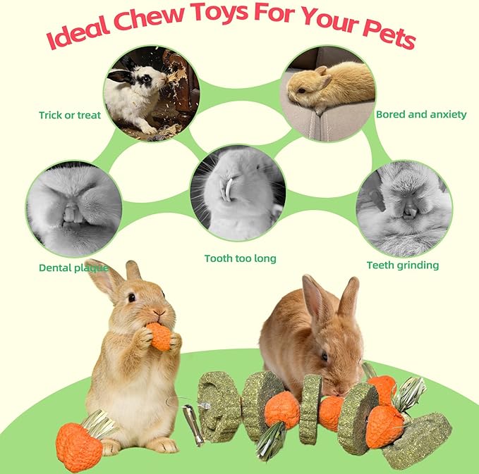 Bunny Chew Toys Guinea Pig Chew Toys for Teeth Grinding Rabbit Treats Natural Timothy Grass Cake Strawberries for Guinea Pigs Chinchillas Bunny Hamster (2 Pcs)