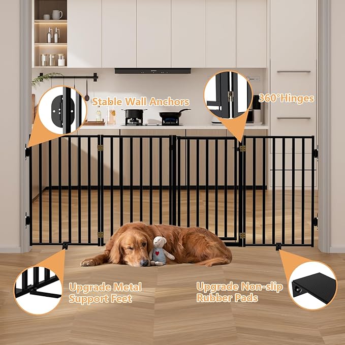 Full Metal Freestanding Dog Gates with Door, 32" Height Dog Fences for Indoor & Outdoor, Extra Wide Foldable Pet Gates for Stairs, Hallways, Doorways, Yard (4 Panels, 80" W × 32" H)