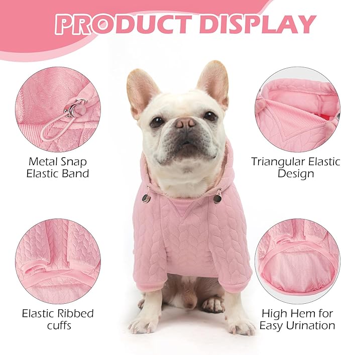 EXPAWLORER Textured Cable Knit Basic Dog Hoodie, Elevated Style Dog Sweater with Leash Hole and Pocket, Soft and Warm Pet Winter Coat, Cold Weather Clothes for Small Medium Large Dogs,Pink L