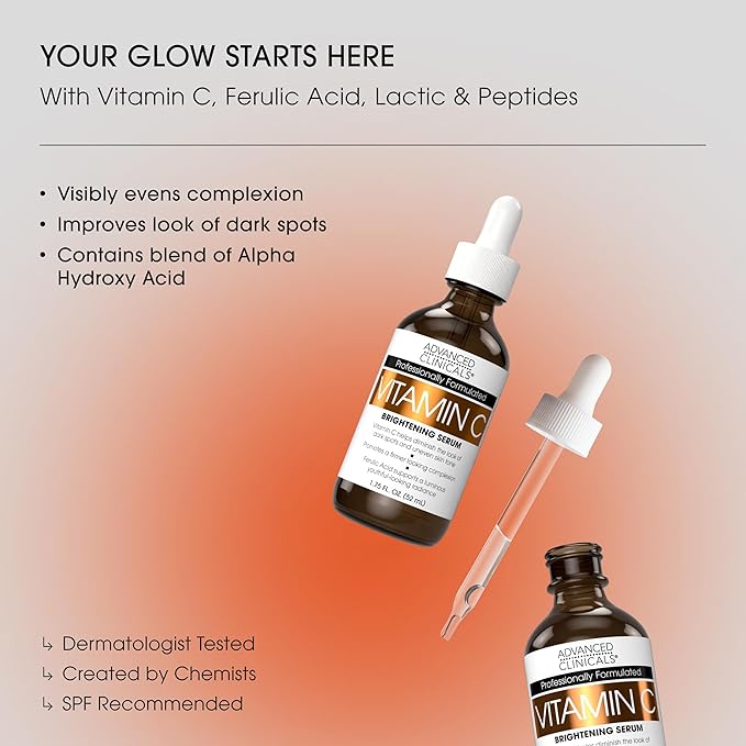 Advanced Clinicals Brightening Vitamin C Serum For Face With Glycolic Acid + Lactic Acid | Vitamin C Eye Serum Face Moisturizer For Improving Look Of Dark Spots & Uneven Complexion, 2-Pack