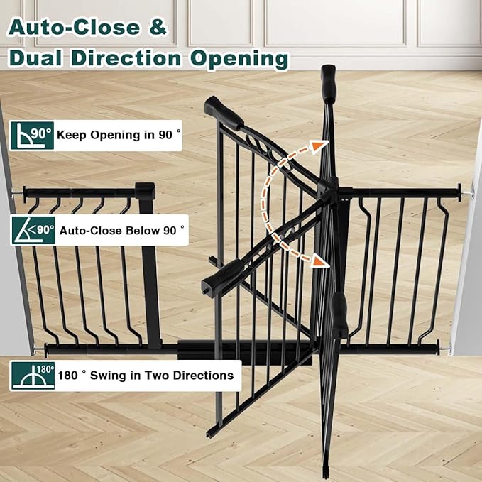 Fairy Baby 29.5"-33.5" Baby Gate for Doorways, Dog Gate for Stairs No Drill, Pressure Mounted Safety Pet Barrier with Arch Design, Auto Close Tension Metal Baby Gate with Door Indoor Outdoor, Black