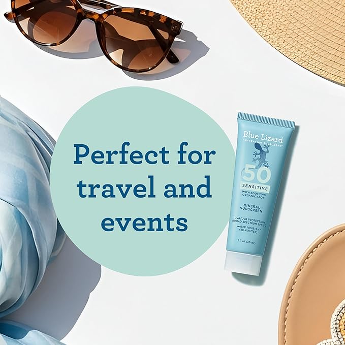 Blue Lizard Sensitive Mineral SPF 50 Sunscreen Lotion, 100% Mineral Active Sunscreen, Travel Size, UVA/UVB Protection, Infused with Organic Aloe Vera, We Love The Reef Formula, 1 fl oz, 24-Pack