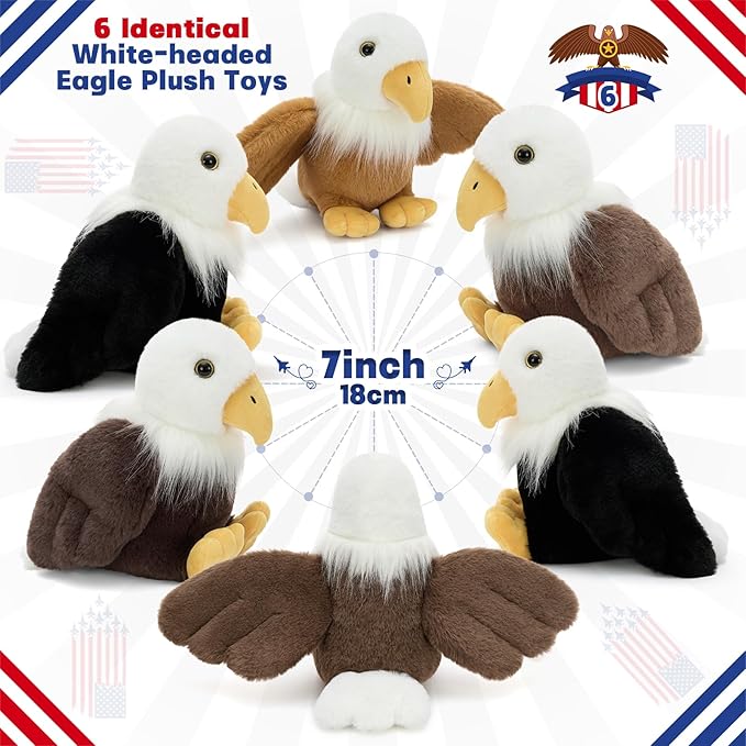 Tezituor 6 Pcs Bald Eagle Stuffed Animals – 7" Cuddly Eagle Plush Toys in Various Poses, Perfect Collectible Gift for Kids & Patriotic Enthusiasts