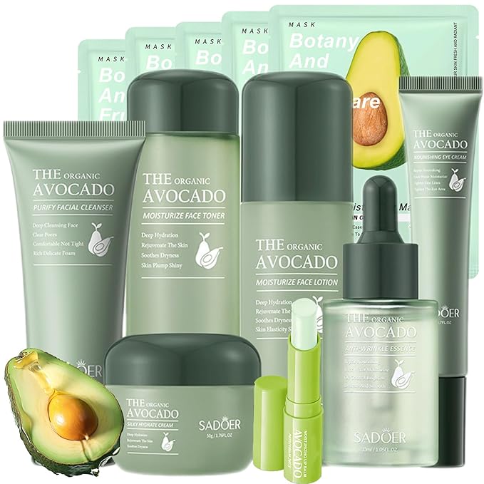 Avocado Skin Care Set, 12 Pcs Skincare Gift Set With Lip Balm, Facial Cleanser, Face Serum, Face Cream, Eye Cream, Toner, moisturizing lotion& Facial mask. Skin Care Kit For Women Men (12pieces)
