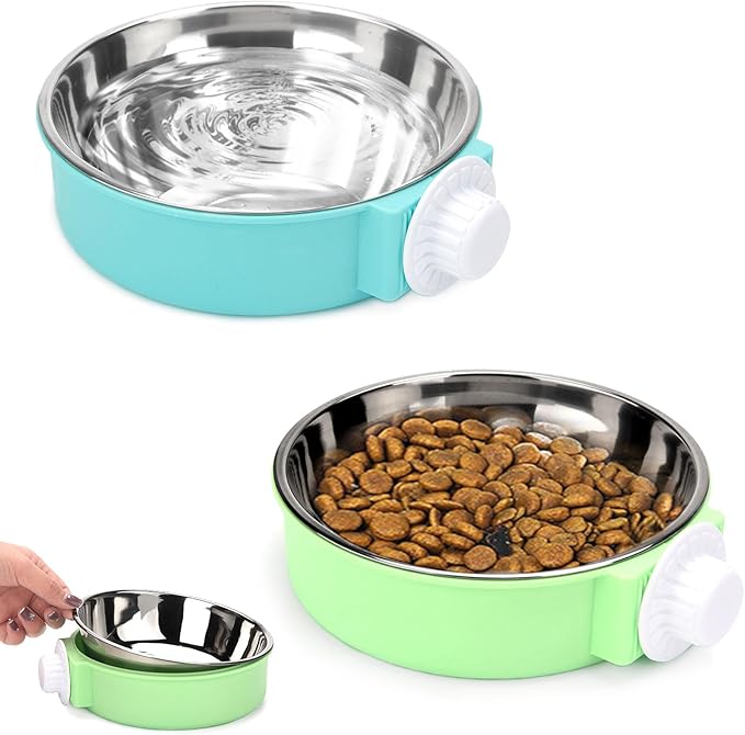 2 Pcs Crate Dog Bowl, Removable Stainless Steel Hanging Pet Food Water Feeder Pet Kennel Cage Bowl for Puppy Cat Rabbit Ferret Guinea Pig (Blue&Green)