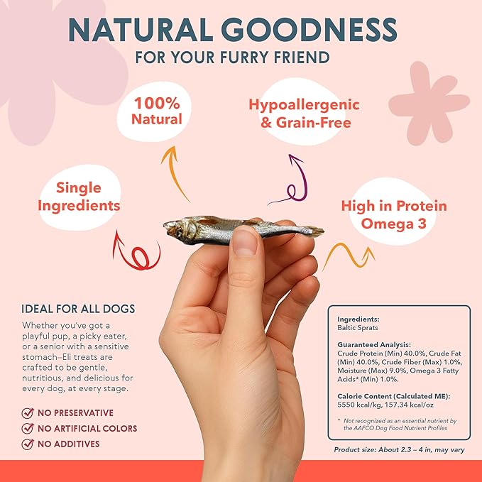 Eli Tiny Sprats – Natural Dog Treats, Whole Small Fish, High in Protein and Omega-3, Grain Free, Single Ingredient, No Additives, Gluten Free, Air Dried, Training Snack or Meal Topper – 3 oz