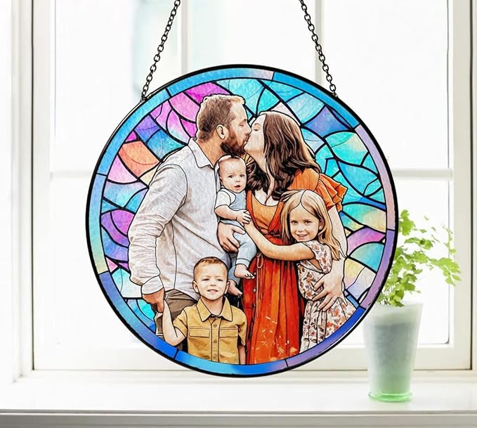 LOVELYPOD Personalized Grandma Stained Glass Sun Catcher, Photo Family Portrait Window Hanging Ornament, Custom Photo Gift, Grandma Gifts, for Mom, Christmas Ornament for Family