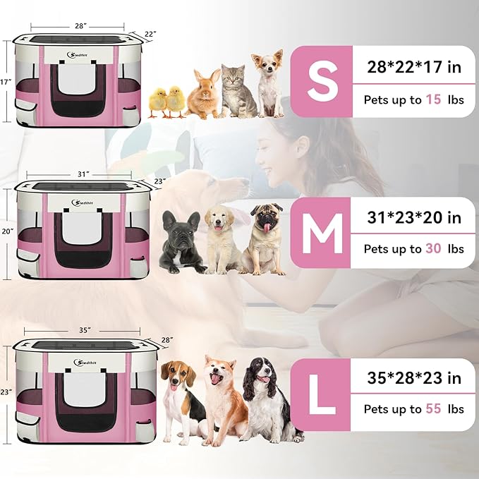 Dog Cat Playpen, Pet Puppy Portable Playpens for Outdoor Travel Crate, Indoor After Surgery Use, Foldable Dog Kennel Tent for Rabbit or Small Animals and Tent Stakes(Pink, Medium)