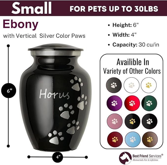 Pet Urn for Dogs and Cats with Personalized Laser Engraving, Ottillie Paws Premier Series Memorial Urns (Small Ebony with Vertical Pewter Paws)