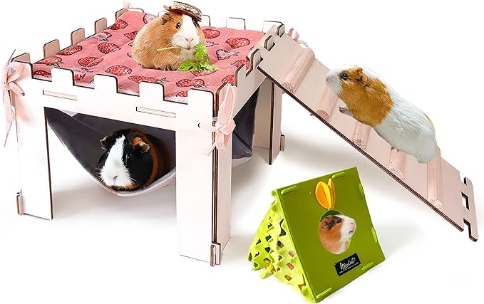 Guinea Pig Hideout with Hammock,Large Wooden Guinea Pigs House with Stairs and Mats,Detachable Guinea Pig Hide for Small Animals Hamster Chinchilla Ferret Habitats Accessories