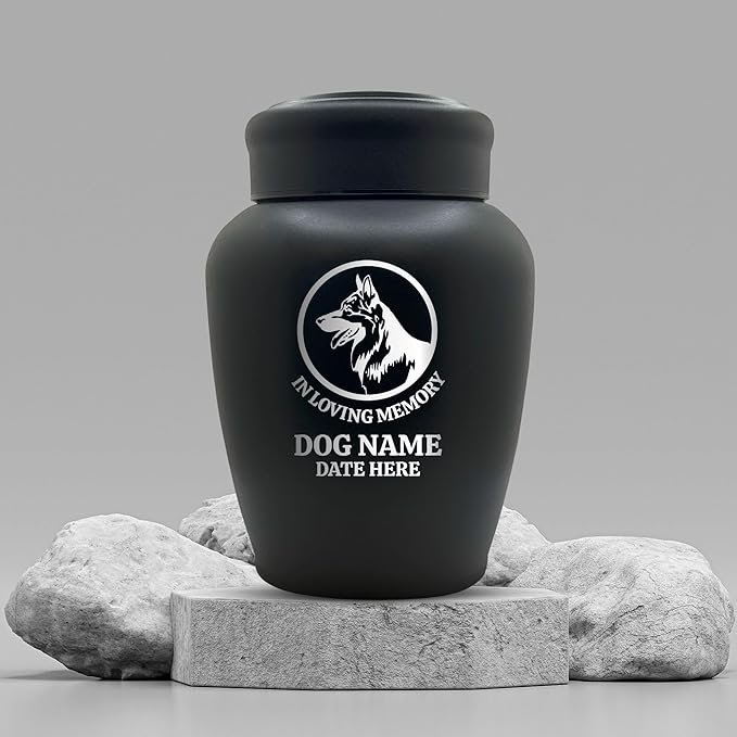 Custom Dog Urn Engraved Pet Name and Date - Personalized Stainless Steel Large Cremation urns for Dogs Ashes with Airtight Closure | up to 150 lbs Capacity | German Shepperd Silhouette