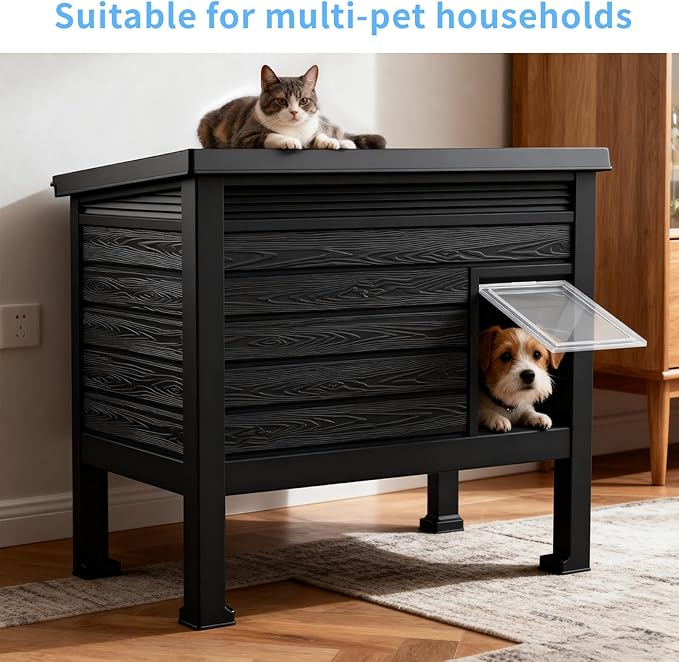 Outdoor Cat House,Weatherproof Feral Cat Shelter with Rasied Floor &Windscreen,Insulated Outdoor Cat House for Feral Cats,Rabbits,Multiple Small Animals(Black)