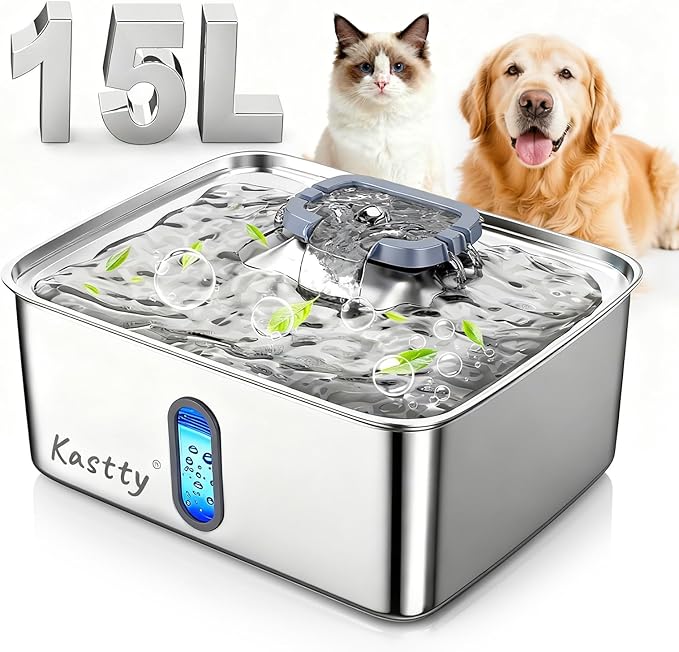Kastty 4 Gal Dog Water Fountain for Large Dogs,15L Stainless Steel Large Pet Water Fountain, Ultra Quiet Automatic Dog Water Bowl Dispenser with Water Level Window and LED Light(FS78,Grey