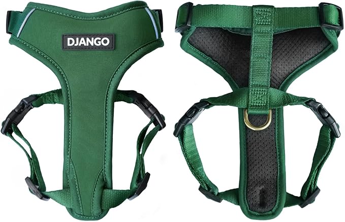 DJANGO Adventure Dog Harness - Stylish and Durable Large Dog Harness for Outdoor Adventures and Everyday Wear - Forest Green Neoprene Adjustable Harness for Dogs with Reflective Piping & Brass D-Ring
