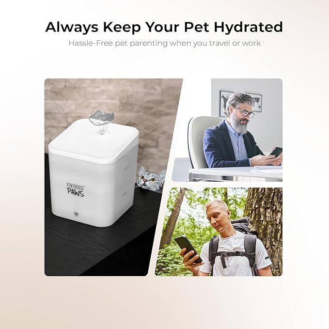 Penthouse Paws Smart Cat Water Fountain 2.2L, Ultra Quiet Pump, App Control, Motion Sensor, 5 Stage Filter, Whisker Friendly Bowl, Automatic Water Dispenser for Cats Dogs, White