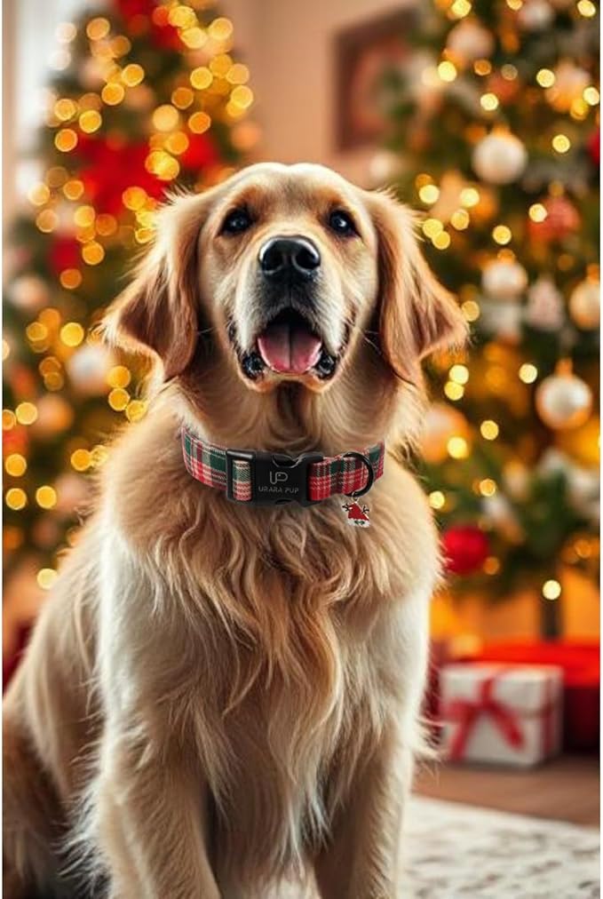 Christmas Dog Collar– Adjustable Red & Green Checkered Dog Collar for Small Medium Large Dogs, Soft Xmas Plaid Puppy Collars with Quick Release Buckle M