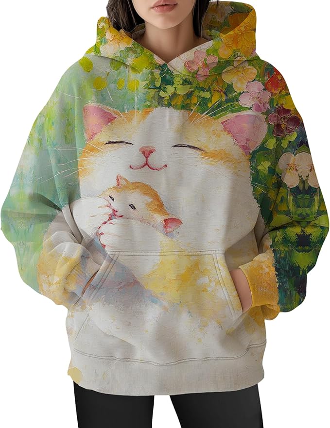 Womens Funny Cat Hoodies Oversized Graphic Hooded Sweatshirt for Women Fall Plus Size Pullover Hoodie Y2K