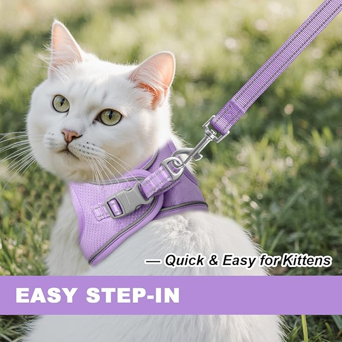 Cat Harness and Leash Set,Escape Proof Kitten Harness,Step in Adjustable Soft Lightweight,Easy Control,Reflective Strips Comfortable for Walking Travel(Violet Purple,XS)