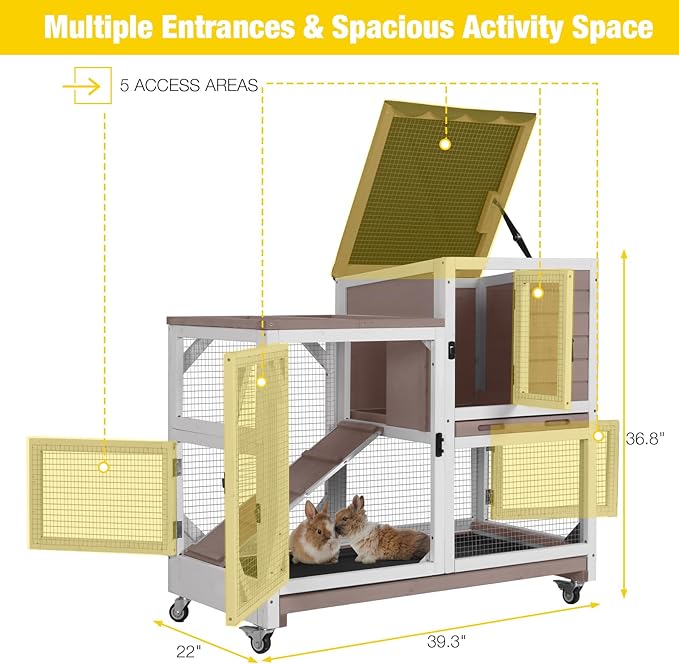 Aivituvin Rabbit Cage Indoor Bunny Hutch on Wheels Outdoor 2 Story Wood Guinea Pig House with 2 Deeper Pull Out Trays
