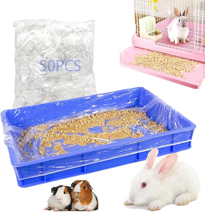 50 Pcs Disposable Rabbit Cage Liner, 26'' X 18'' Plastic Guinea Pig Cage Liners Bag Elastic Small Animal Toilet Film, Clear Crate Tray Covers for Bunnies Ferret Hamster